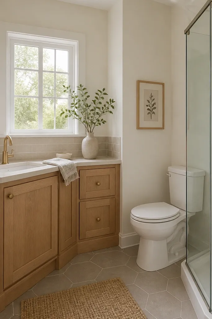 A 5x7 bathroom with an L-shaped vanity: a 24-inch run under the window area and a shorter 14-inch return on the side wall. The toilet sits near the corner, and the shower is a 36-inch corner unit with a glass door. The walls are painted warm white, and the backsplash tile is a soft sand 3x6.