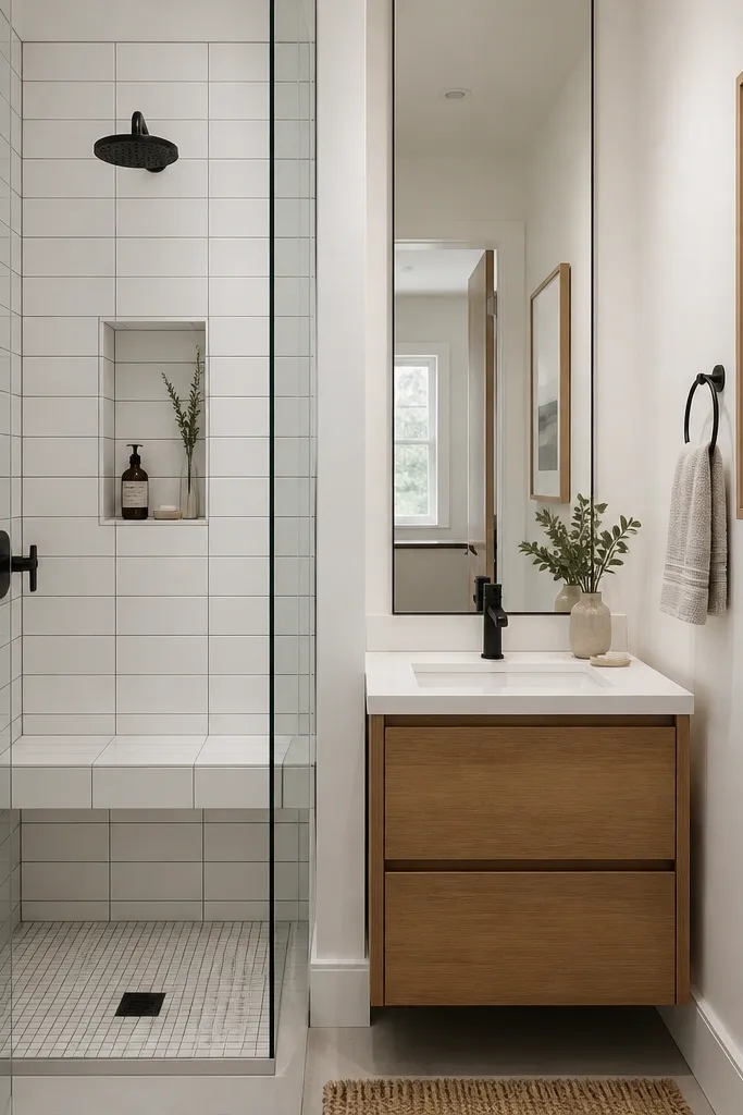 A compact bathroom with a 32-inch wide shower along one wall. Inside the shower is a built-in niche and a bench at about knee height. A tall, narrow mirror runs from near the vanity countertop up to the ceiling. The vanity is 24 inches with a white countertop, and the tile is matte white with a thin charcoal grout line.