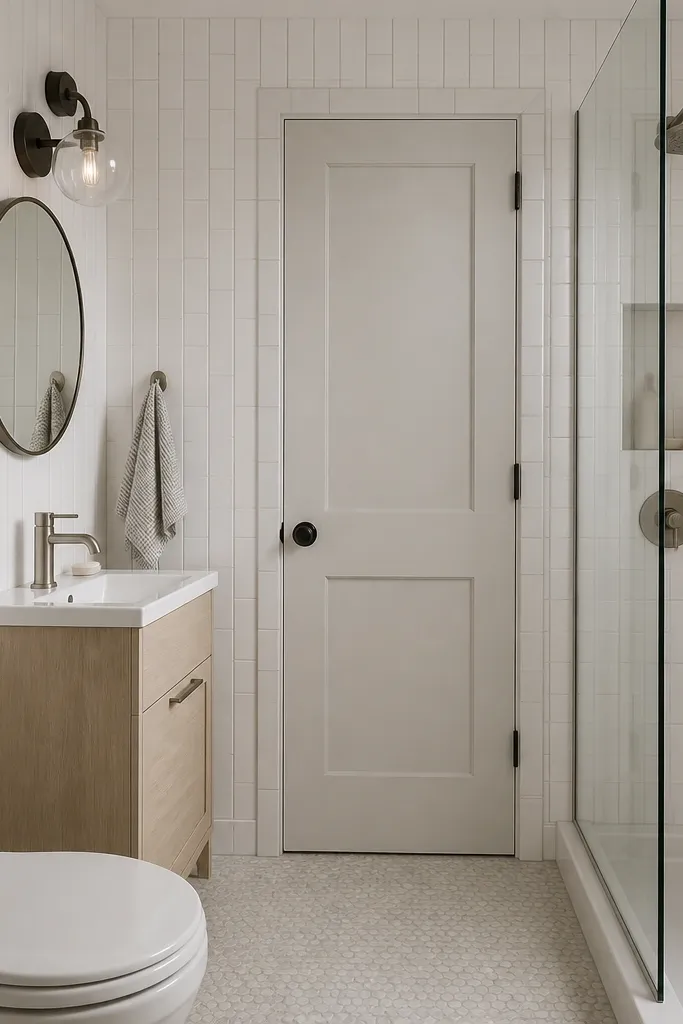 A small full bathroom with a door on the long wall. The tile is wrapped around the doorframe edges with matching trim, creating a continuous border. The vanity is 24 inches, the mirror is round, and the shower is in a corner with a clear glass panel. The wall tile is 3x12 glossy white with a thin gray grout line.