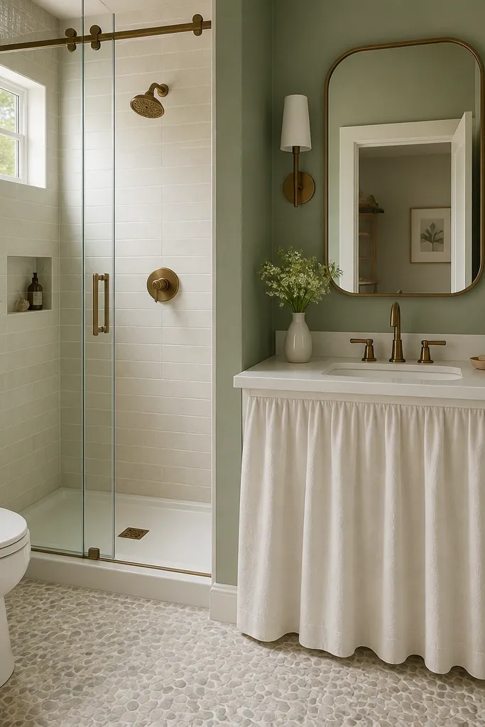 A compact bathroom with a shower that uses a sliding glass panel instead of a swinging door. A skirted vanity hides the plumbing with a simple white front and brushed bronze faucet. The walls are painted sage green, and the floor has small pebble-look porcelain in a light neutral.