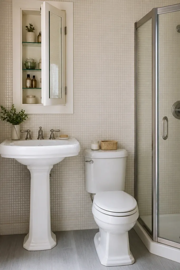 A small bathroom with a pedestal sink and a recessed medicine cabinet in the wall behind it. The toilet is close to the sink wall, and the shower is a compact 32-inch corner unit. The walls are covered in small square mosaic in a pale cream, and the floor is a light gray vinyl-plank style porcelain.