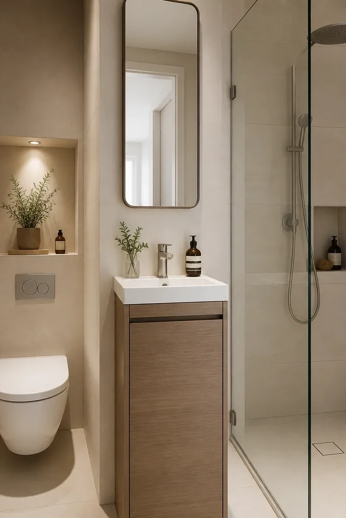 A narrow bathroom where the toilet is on one wall and the vanity is back-to-back on the adjacent wall, with a thin sound-reducing wall finish and a recessed shelf. The shower sits in a corner with a glass panel. The vanity has a narrow 22-inch width, and the walls have large-format light beige tile.