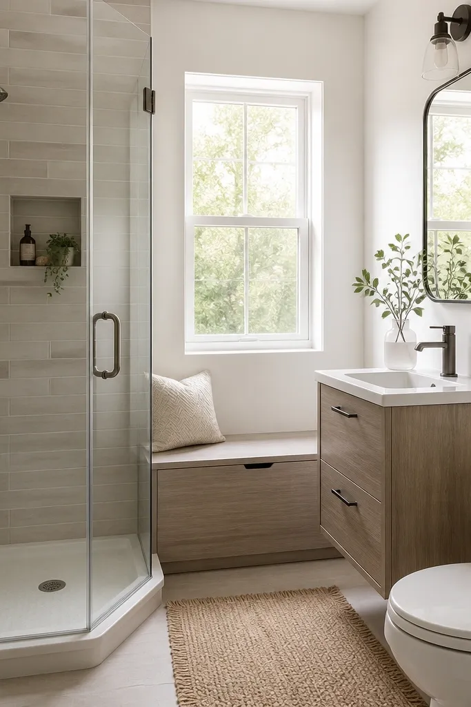 A small bathroom with a corner shower and a window above the vanity wall. Under the window is a built-in bench with a hinged lid for storage. The vanity is 24 inches with a slim top, and the shower has a niche shelf. The wall paint is warm white, and the bench is covered in water-resistant laminate.
