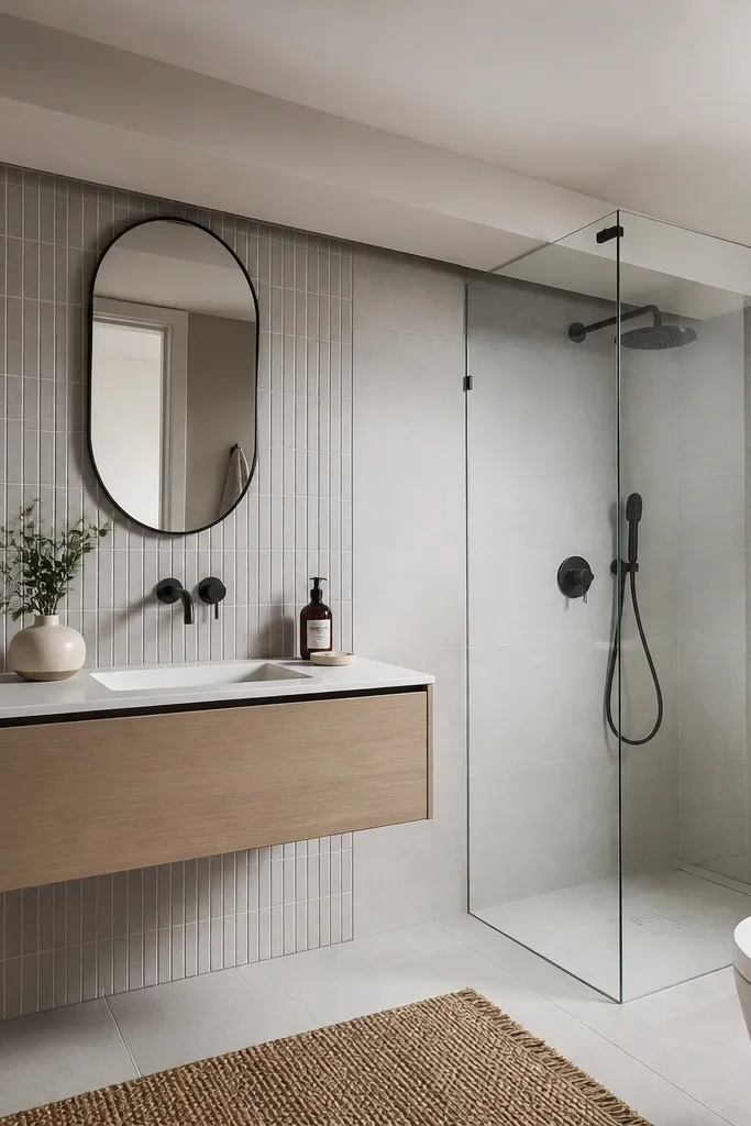 A small bathroom with a low ceiling beam or soffit running above the vanity area. The vanity is floating with a shallow depth, and the mirror is an oval mounted high to avoid the beam. The shower is in the corner with a glass panel, and the walls use light gray tile with a narrow vertical strip near the mirror.