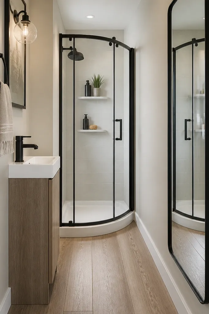 A narrow small bathroom with an 18-inch vanity on one wall and a full-length mirror wall panel on the opposite wall. The mirror is framed in thin black metal. The shower is a 32-inch corner unit with a sliding door, and the floor is a long plank porcelain in light walnut tone.