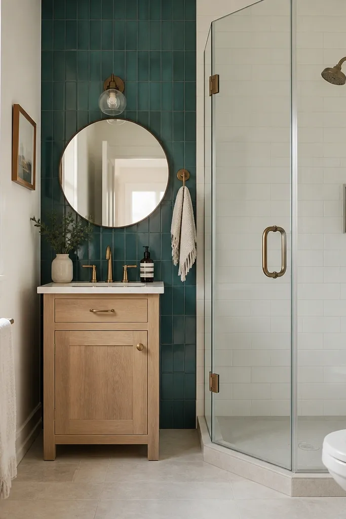 A small full bathroom with a 24-inch vanity and a tile-to-ceiling color pop wall behind it in deep teal. The rest of the walls are painted warm white. The shower is a corner with white tile and clear glass. A large round mirror sits above the vanity, and the floor is light neutral stone-look porcelain.