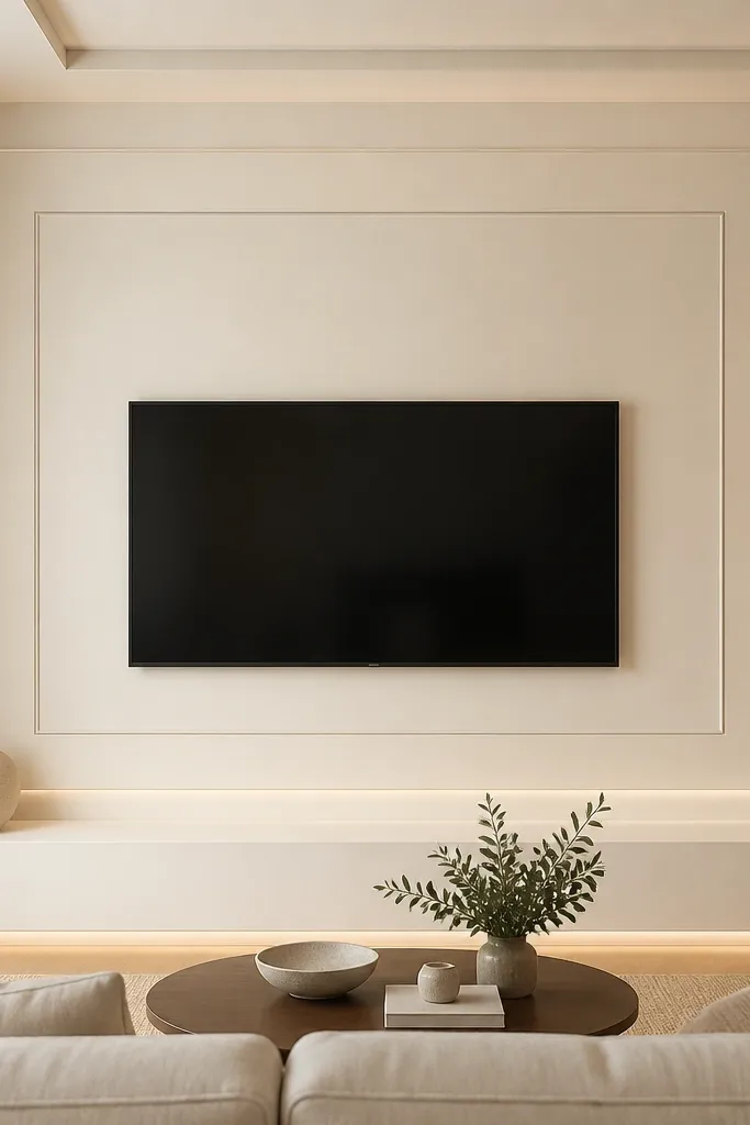 A small living room TV wall with matte ivory wall panelling forming a rectangular picture frame around a flat-screen TV; thin inner trim lines create a double border, and a subtle shadow gap runs along the perimeter. The paneling continues down to a low, wide base ledge in the same ivory tone. Cable area is hidden behind the frame, and the wall looks clean and bright under warm lighting.