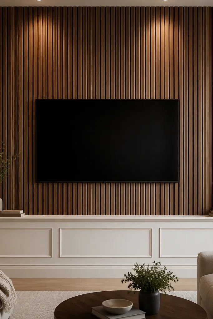 A TV wall panel made of vertical walnut veneer slats, evenly spaced, wrapping around a centered TV. The slats stop at a lower section where they transition into a whitewashed raised panel base with a wider ledge. The overall palette is warm brown and creamy white, and the slats cast soft shadows under overhead lighting.