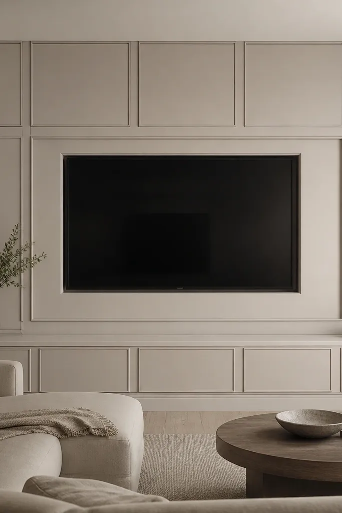 A soft greige TV wall with a grid of raised rectangles around the TV. Each rectangle is separated by thin shadow lines, and the TV sits in a centered larger rectangle. The bottom section has matching raised panels and a smooth ledge, giving a structured architectural look.