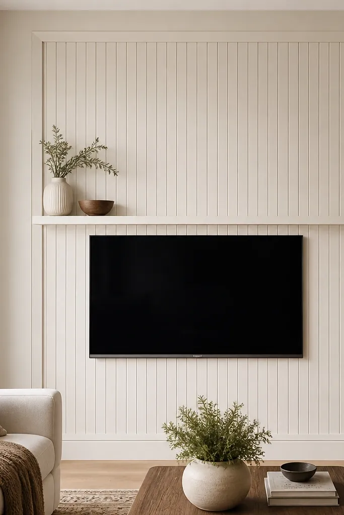 A TV wall with tall beadboard panels framed in smooth trim. The beadboard runs vertically up and down within a large rectangular surround, and there's a slim mantel shelf above the TV opening. The shelf has a simple square edge and the paint is a warm off-white.