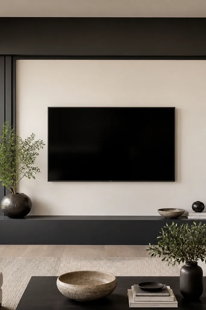 A two-tone TV wall where the outer border and vertical strips are charcoal painted, while the inner panel field is a creamy off-white. The TV sits centered inside the cream field, and a charcoal base ledge grounds the design. Lighting makes the charcoal look smooth and deep.