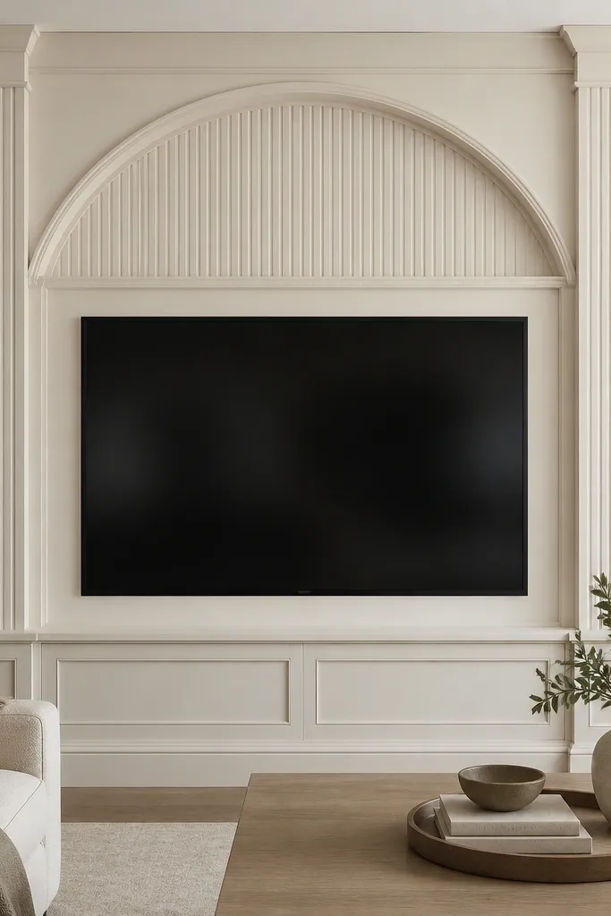 A TV wall with a rectangular base panel and fluted columns on the sides. Above the TV opening is an arch-shaped section with raised trim and soft fluting, painted in a warm white. The arch creates a gentle curve, and the TV sits below within a framed opening.