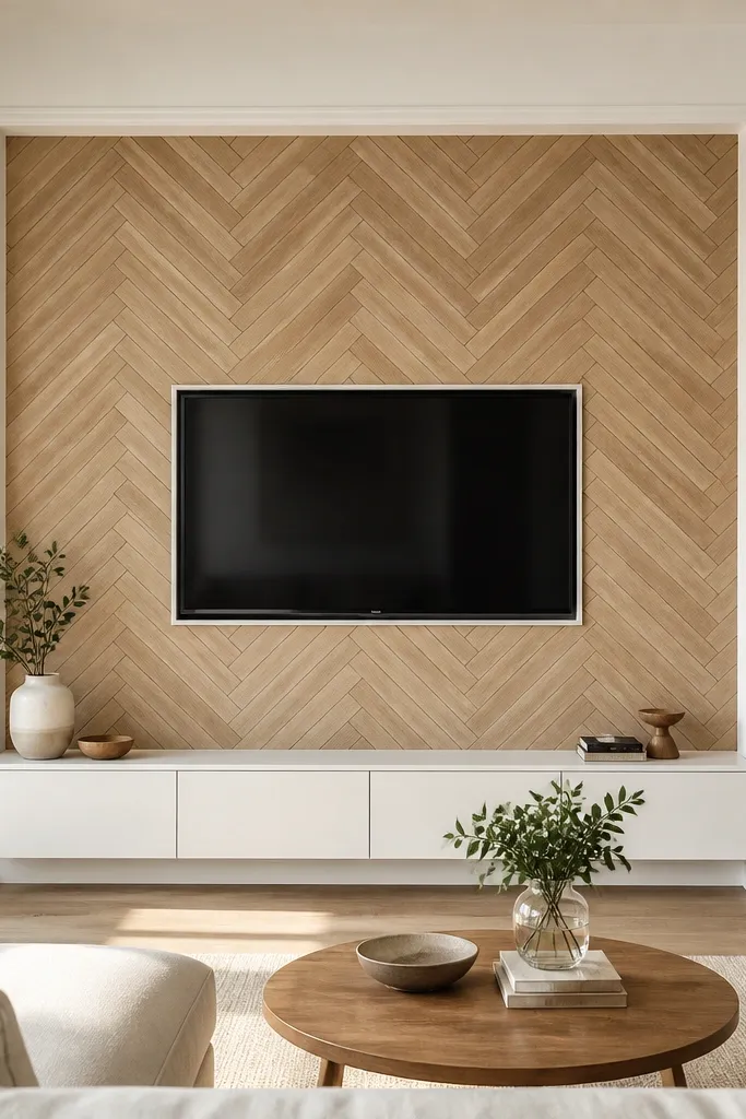 A TV wall where the main feature area behind the TV has a herringbone pattern in light oak veneer or wood-look panels. The TV sits in the center, framed by smooth white trim, and the herringbone texture shows strong diagonal depth. The surrounding wall is painted a soft warm white.
