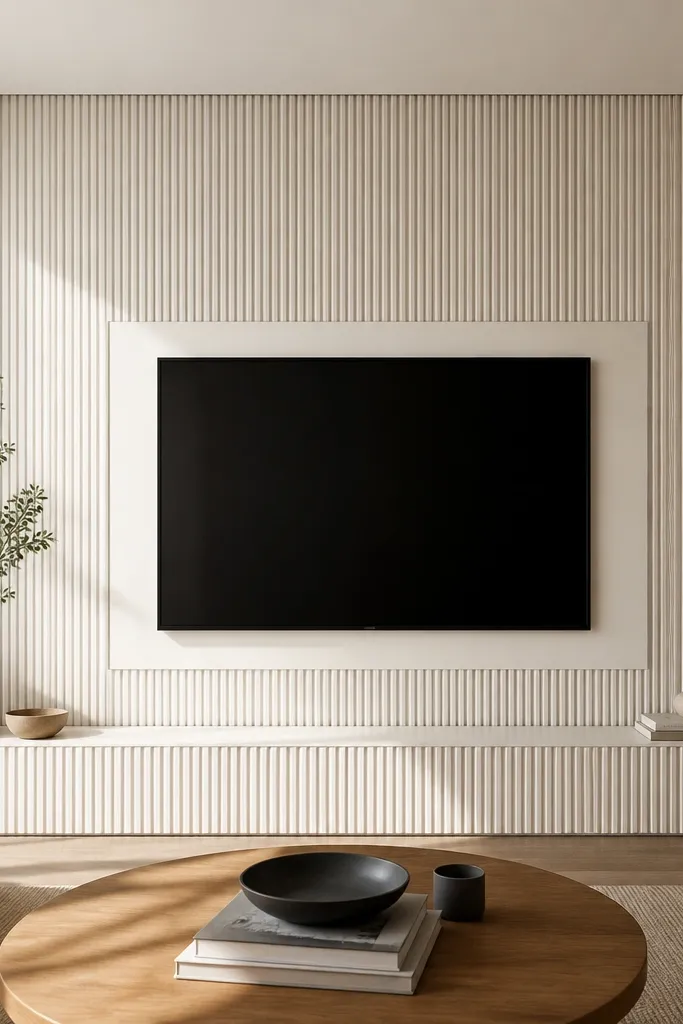 A warm white TV wall with narrow vertical channels cut into paneling. The channels create crisp shadow lines, and the TV is centered within a clean rectangular surround. A low base panel runs under the TV, also with subtle channel lines.