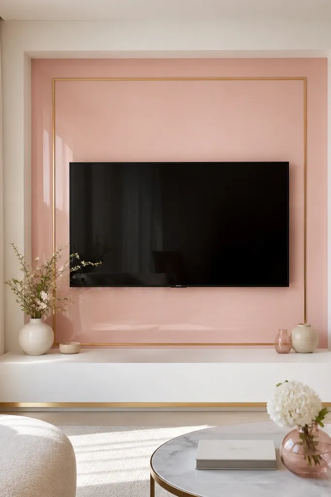 A small TV wall with a lacquered soft pink panel field inside a white outer frame. Thin brass trim lines outline the inner rectangle around the TV and along the base ledge. The overall look is glossy-smooth on the pink and crisp matte on the white.
