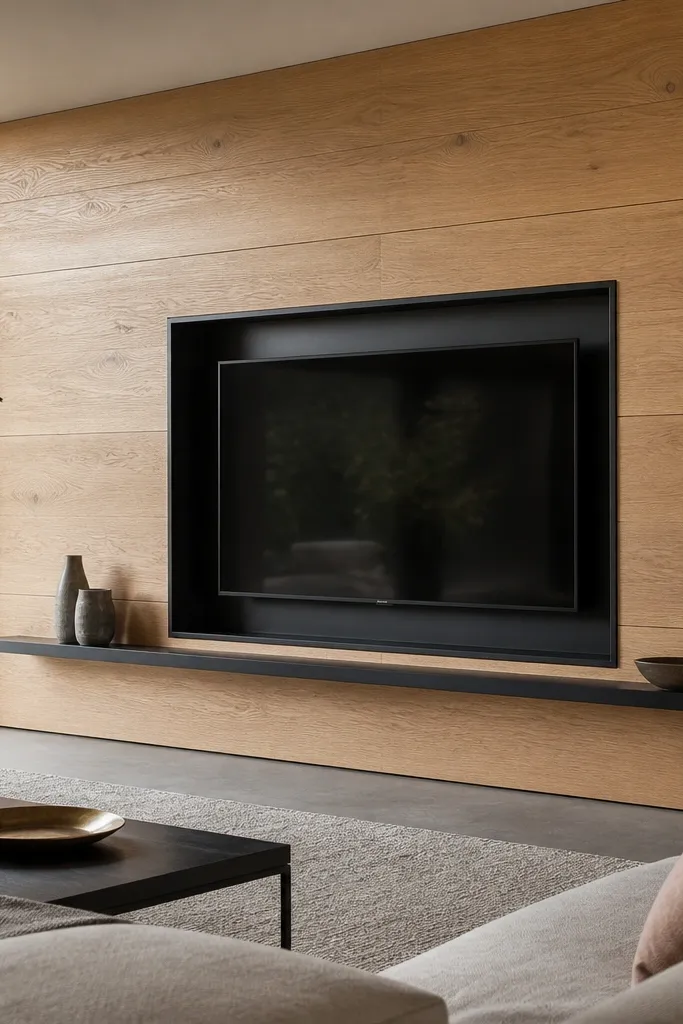 A TV wall with large oak slab-like panels (flat, wide boards) forming a single feature area. The TV sits in a recessed niche with a black floating frame, and a thin black shelf runs beneath. The oak has a natural grain with a satin finish.