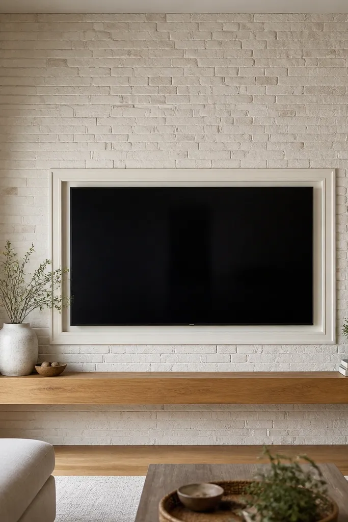A TV wall using whitewashed brick-look wall panels behind the TV, with a smooth wood mantel base running under the TV. The brick texture is visible and light, and the TV is framed by simple trim in warm white. The mantel has a natural oak finish and a clean square profile.