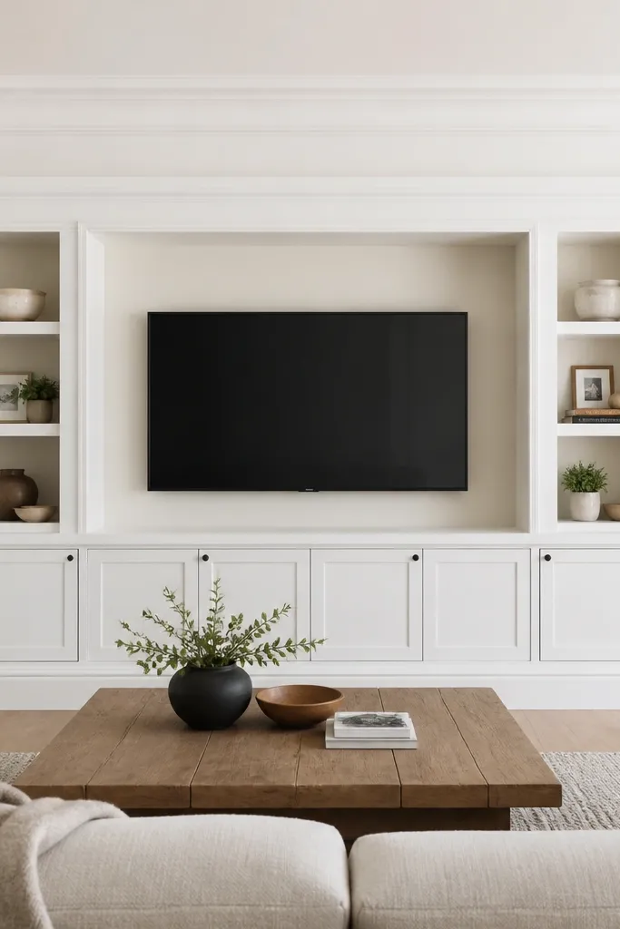 A TV wall with a large crown molding frame around the TV area. Inside the frame, there is a recessed media nook with panel doors or open shelves on the sides, and the TV sits centered within the niche. The molding is painted bright white, and the sides have matching recessed compartments.