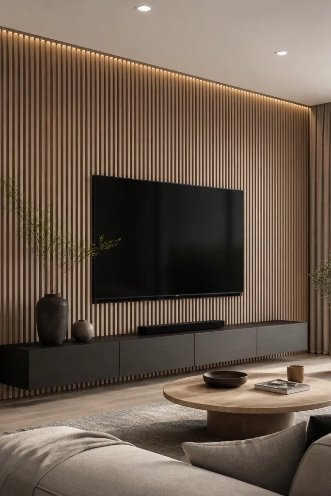 A TV wall design where the main paneling feature wraps around the corner by about 12 inches. The TV is on the main wall, framed in vertical slats or fluted panels, and the same pattern continues around the side wall. The wrap adds depth and makes the room feel more complete.