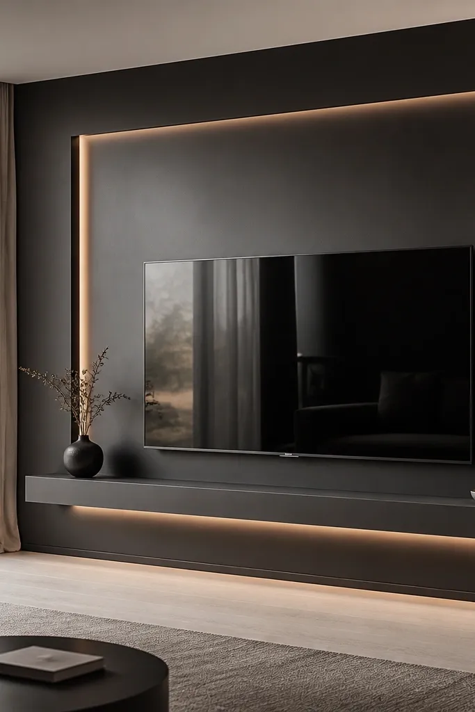 A charcoal TV feature wall with a large smooth panel field. The TV is mounted on a floating ledge that projects slightly, and a thin light strip runs under the ledge. The wall has minimal trim, with a clean rectangular opening and soft glow around the TV area.