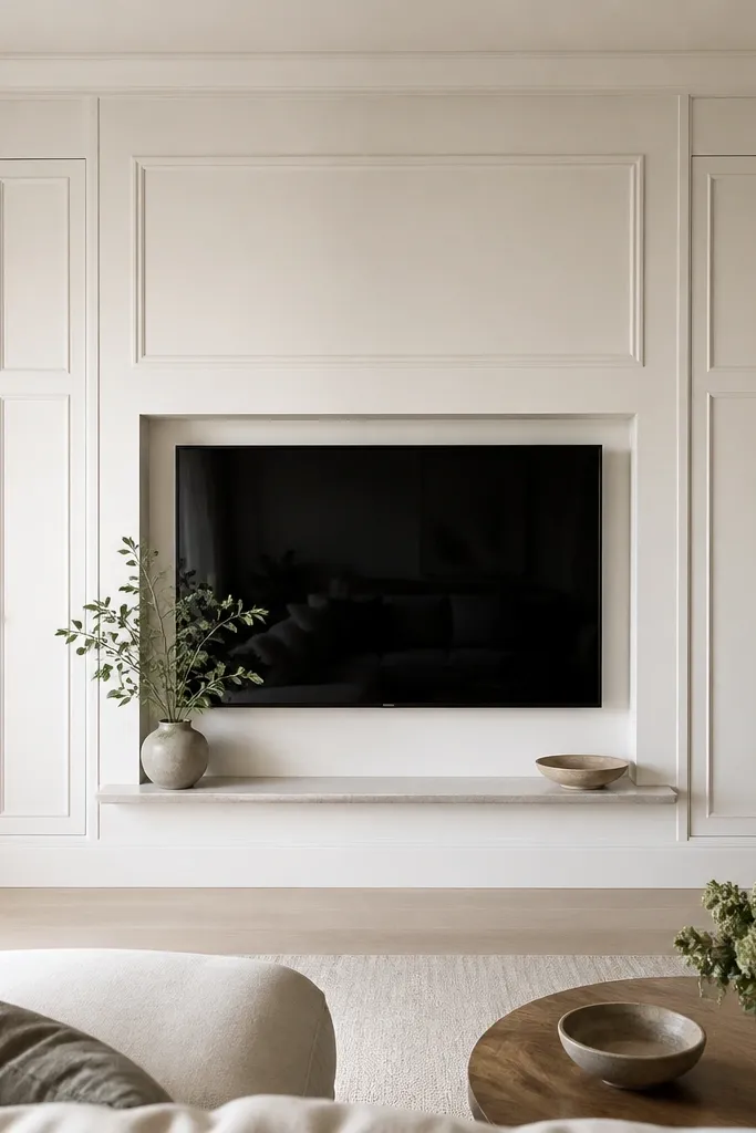 A warm white TV wall with raised rectangular panel sections and a center TV niche. On either side are cabinet-style compartments with matching raised panel doors and small gold knobs. A simple ledge runs under the niche, and everything looks tailored and tidy.