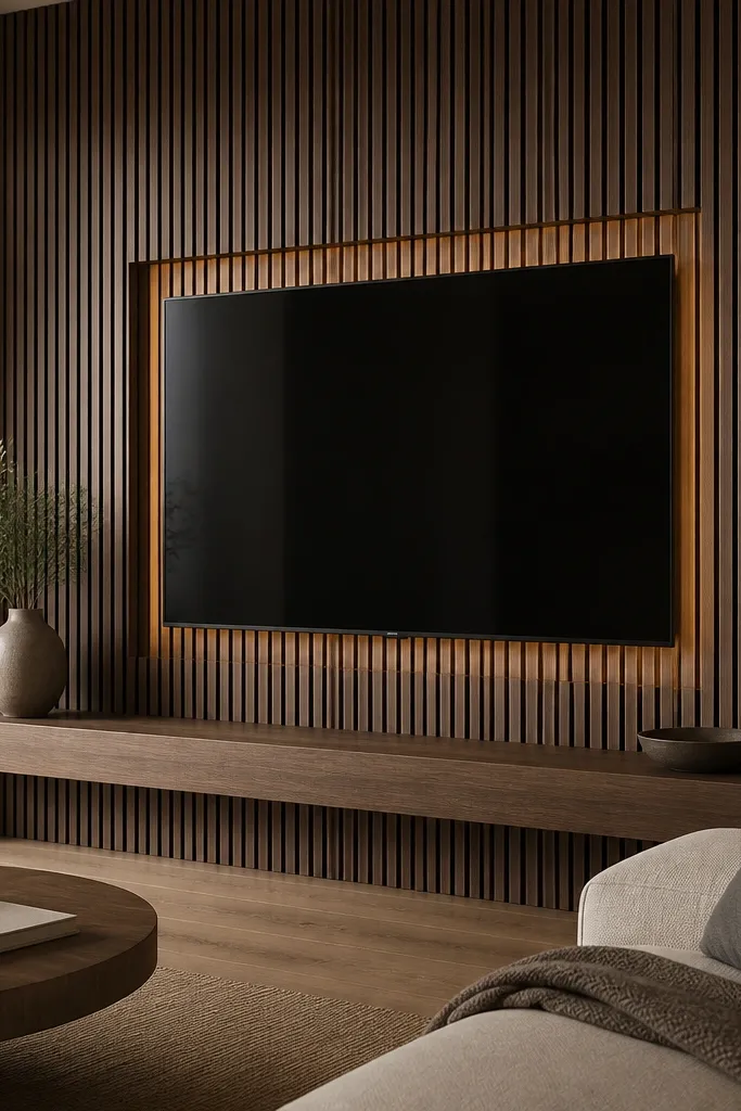 A wall of smoked oak vertical slats surrounds a flat-screen TV. Behind the TV there is a recessed channel with warm LED light glowing softly onto the wall. The slats are evenly spaced, and a thin black metal rail frames the TV area. Cables are hidden behind the slats, and the mantel shelf is a single slab of matching oak.