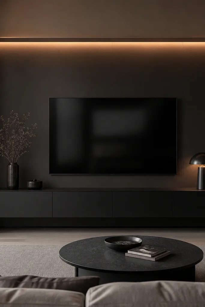 A matte black floating console sits beneath a TV. Above it, a simple cove runs horizontally across the wall, with warm LED light tucked inside. The TV is mounted on a smooth charcoal panel, and the glow creates a soft gradient that fades downward. The wall is otherwise clean with no visible wiring.