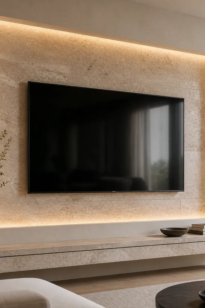 A TV is mounted in a rectangular frame with travertine-look tile. Behind the TV, a slim recessed light channel glows softly across the stone texture. The stone has warm beige and slight gray veining. A matching travertine-look ledge shelf sits below the TV, with a thin black grout line detail.