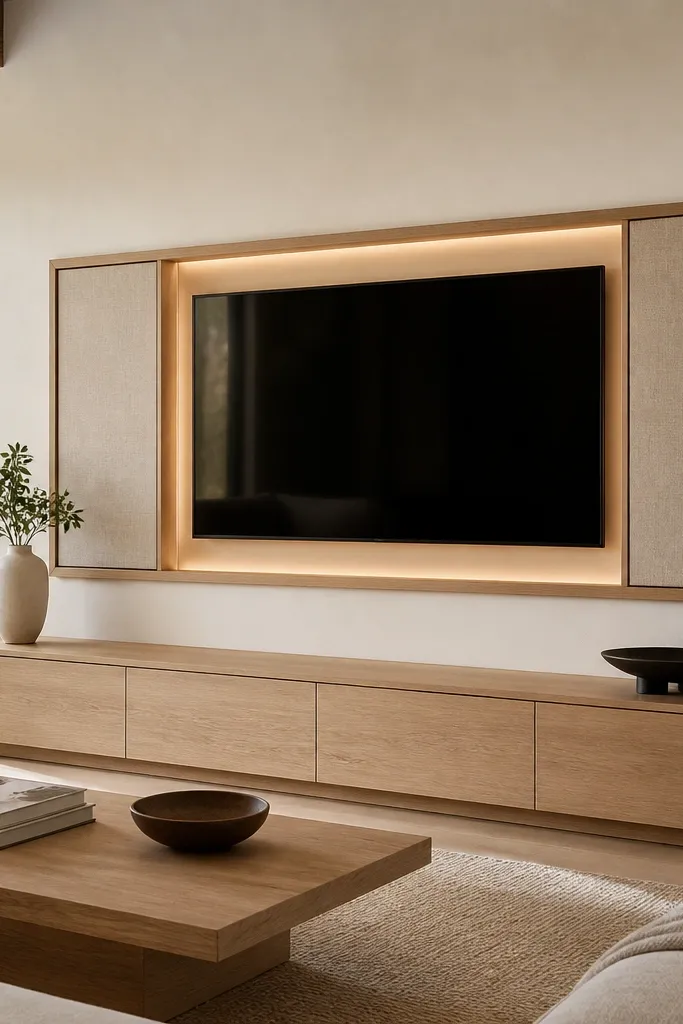 A TV is framed by a white oak border. Two linen panels sit on either side, and a backlit edge light glows around the TV opening. The light is soft and warm, with no visible dots. The wall is off-white, and the console is light oak.
