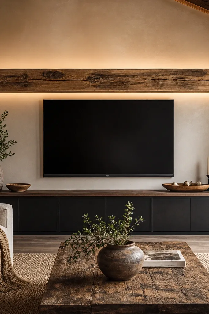 A thick reclaimed wood mantel runs across the wall above and around the TV. Under the mantel lip, warm LEDs glow upward and create a soft band behind the TV. The reclaimed wood has varied grain and a slightly distressed finish. The TV is centered, with a narrow black mounting plate.