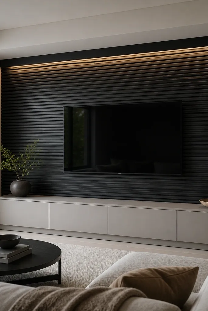 A black slatted accent wall surrounds a TV. A slim top rail hides an LED strip that glows downward into the slat gaps. The slats are horizontal with consistent spacing. The wall has a matte finish, and the TV sits centered with a light gray console below.