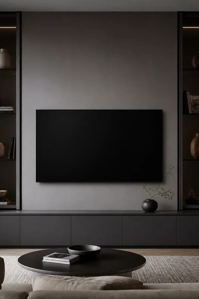 A TV is centered with two smoked glass display niches on either side. Thin LED accent lines run along the inner edges of each niche. The central area behind the TV is matte gray. The glow is subtle and focused on the objects inside the glass.