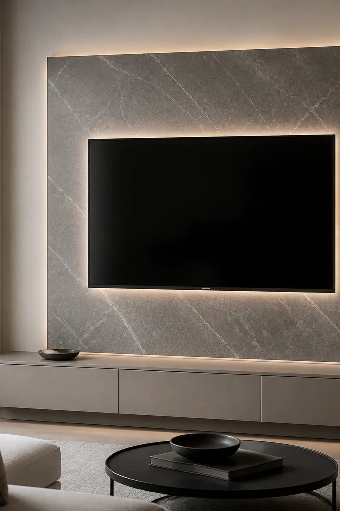 A monochrome marble-look panel frames a TV. A recessed LED channel creates a halo effect around the TV edges. The marble pattern is gray with white veins. The TV is mounted flush to the panel, and the halo glow is even and soft.