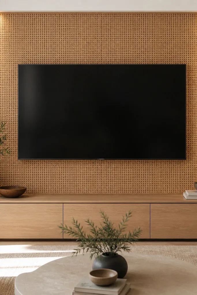 The TV is mounted on a back panel made of cane webbing (rattan look) in a warm beige tone. Small corner LED lights glow from the top corners, creating a gentle wash across the cane texture. The rest of the wall is white, with a light wood console below.