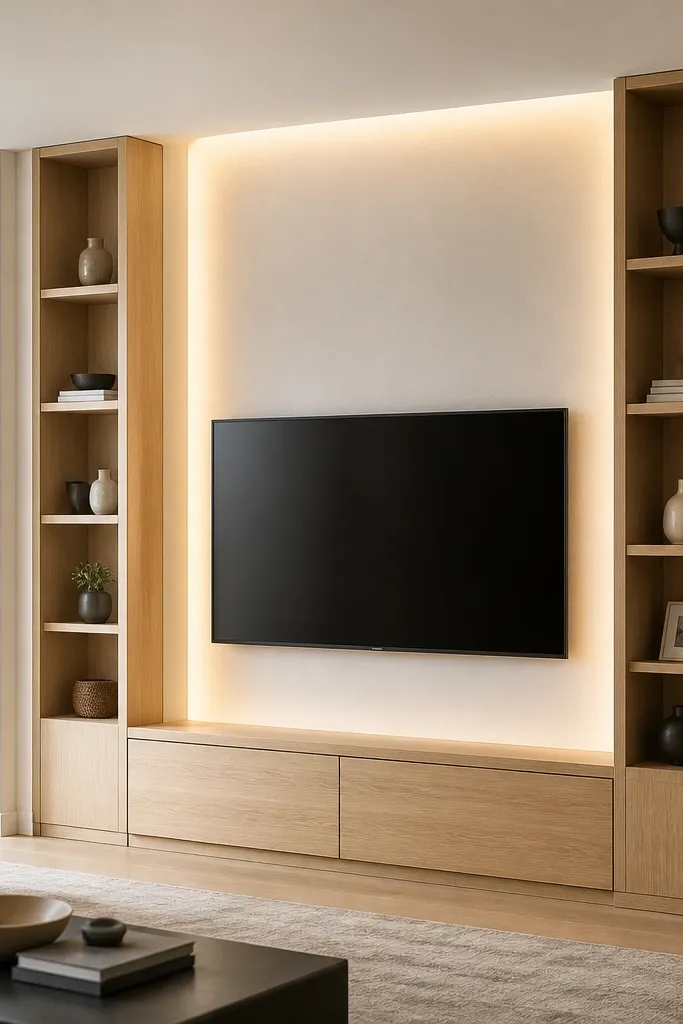 A tall built-in media column wraps around the TV area. Behind the TV there is a continuous LED backlight across a large vertical section, creating a broad glow. The materials are light oak with a white panel center. There are two cabinet doors below with concealed handles.