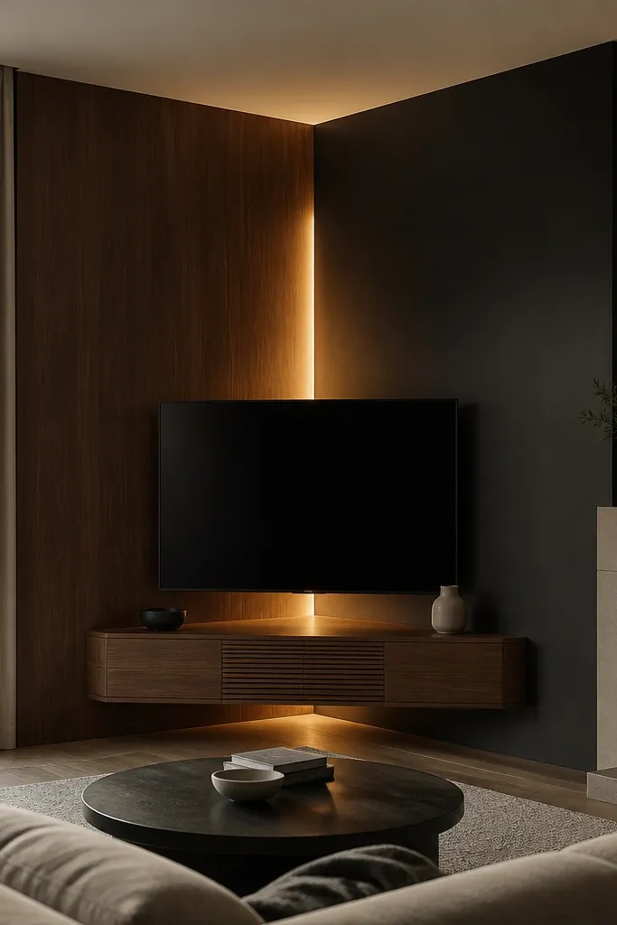 The TV sits in a corner of the room. A walnut panel wraps one side, and a black panel wraps the other, forming a corner reveal. LEDs hide in the corner reveal and glow outward along both walls. The glow is warm and spreads like a soft fan.