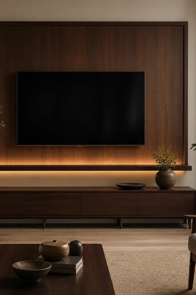 A rosewood veneer panel behind the TV is framed by a slim wall molding. A linear LED strip runs along the underside of a floating shelf directly beneath the TV. The glow creates a soft upward wash onto the rosewood. The console is minimal, with thin legs and a matching rosewood tone.