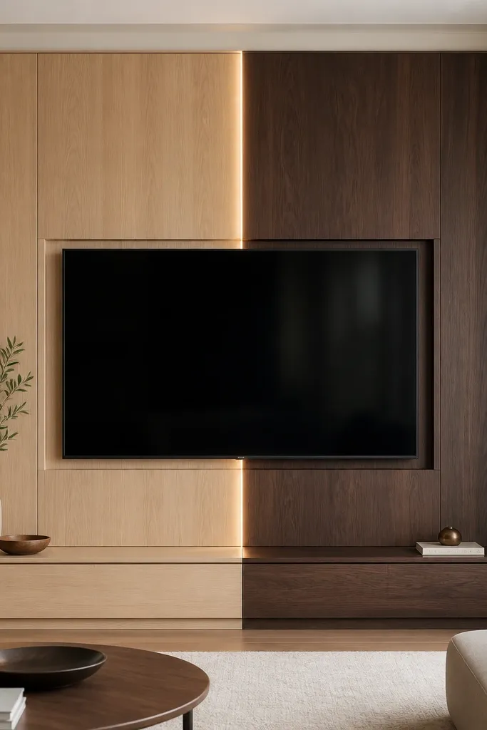 Two-tone wood panels flank a TV: lighter oak on the left and darker walnut on the right. A vertical LED strip runs down the center divide behind the TV opening, creating a soft line of light. The TV is centered, and the wall has clean trim lines.