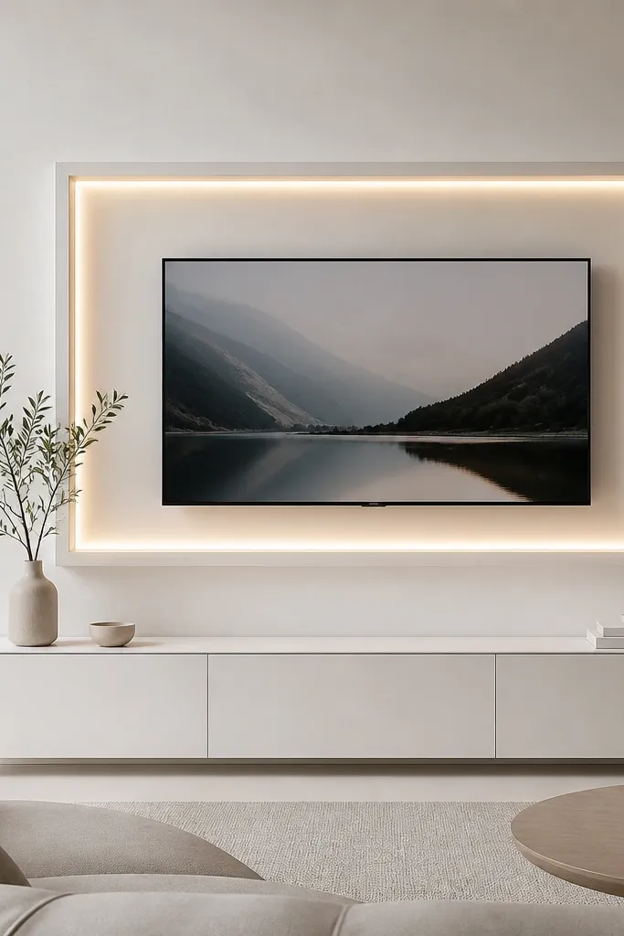 A smooth white plaster wall holds a TV inside a rectangular shadow box frame. The LED light runs inside the frame edges, creating a soft glow around the TV. The frame has crisp lines and a minimal look. A slim white console sits below.