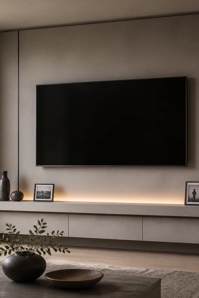 A TV is mounted above a built-in gallery shelf. Black steel trim lines the edges of the TV panel. LEDs are hidden behind the gallery shelf, glowing upward behind the TV. The shelf has a few small framed photos and sculptural objects. The wall is a warm gray.