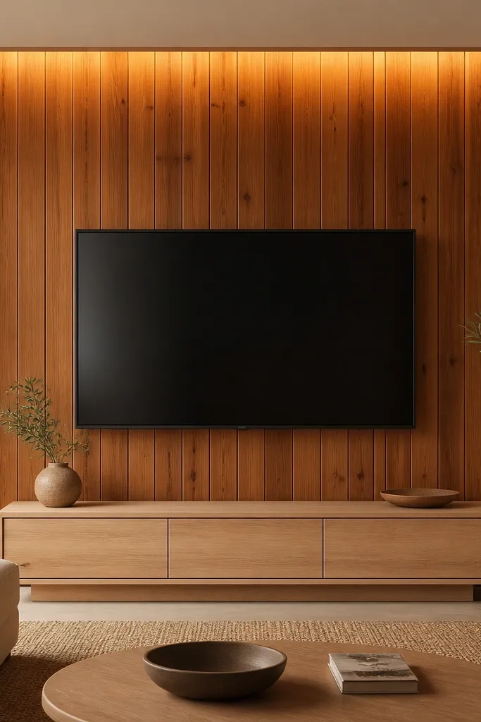 A cedar panel wall surrounds the TV. A narrow top slot hides an LED strip that glows down onto the cedar. The cedar has warm orange-brown tones. The TV is centered, and the console is a simple light wood. The overall look is warm and minimal.