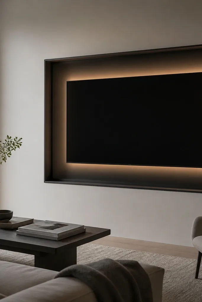 A TV is set into a recessed black frame. The LED light behind it creates a subtle gradient fade, with warmer tones near the TV and slightly cooler tones at the edges. The wall around the recess is light neutral. The glow looks smooth with no visible hotspots.