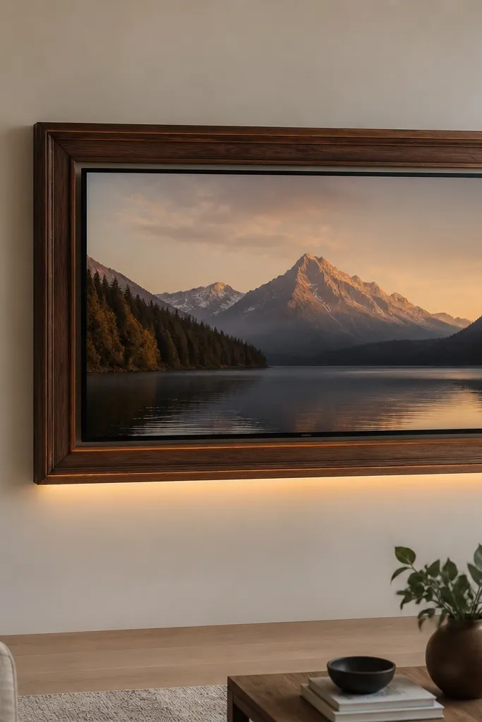 A TV sits inside a walnut picture frame on a light wall. A bottom LED step runs along the underside of the frame, creating a soft upward glow behind the TV. The frame is thick and has a classic molding profile. The glow is warm and even.