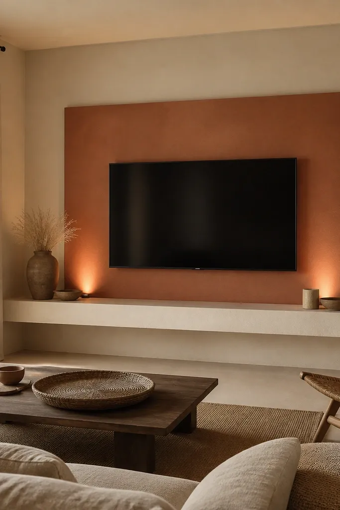 A terracotta panel surrounds the TV with a matte finish. LEDs are hidden in small uplight recesses on each side, shining upward behind the TV area. A light plaster shelf runs below. The glow is warm and slightly orange, matching the terracotta tone. The room has cream walls and natural fiber decor.