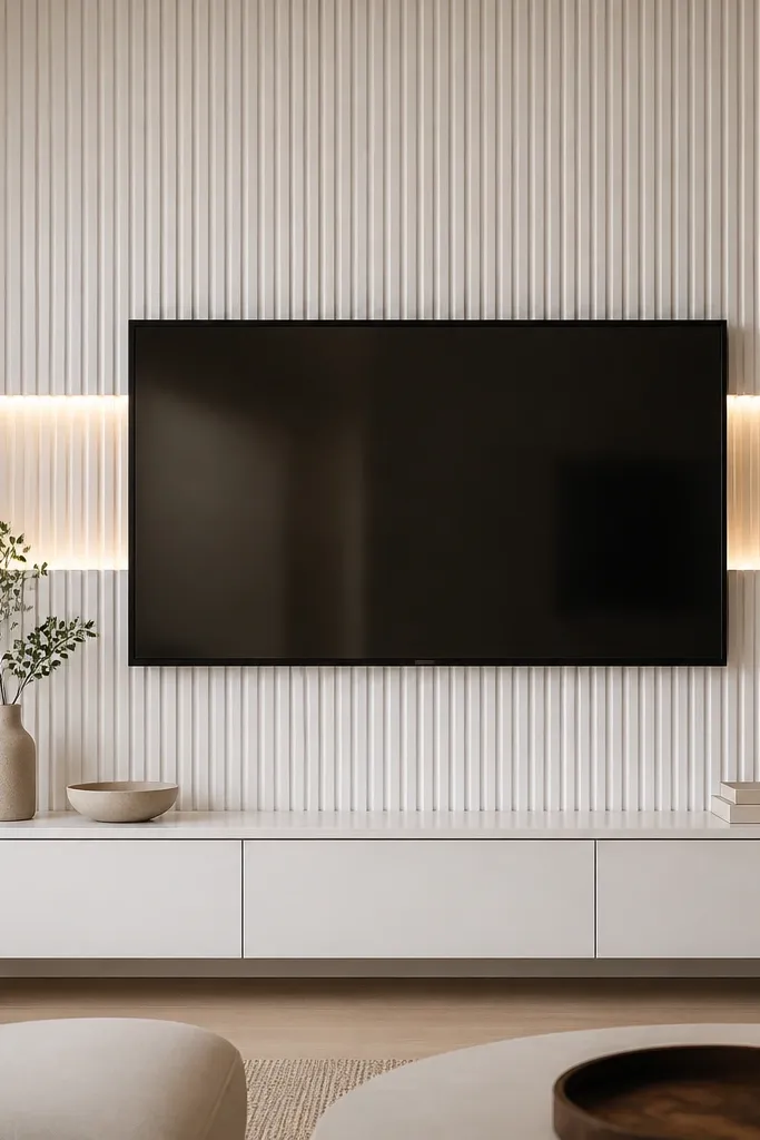 A ribbed white panel wall texture surrounds a TV. A horizontal backlit band runs behind the TV at mid-height, creating a soft glow across the ribbing. The ribs cast gentle shadows, and the light is warm and evenly diffused. The TV has a slim black frame and sits centered above a white console.