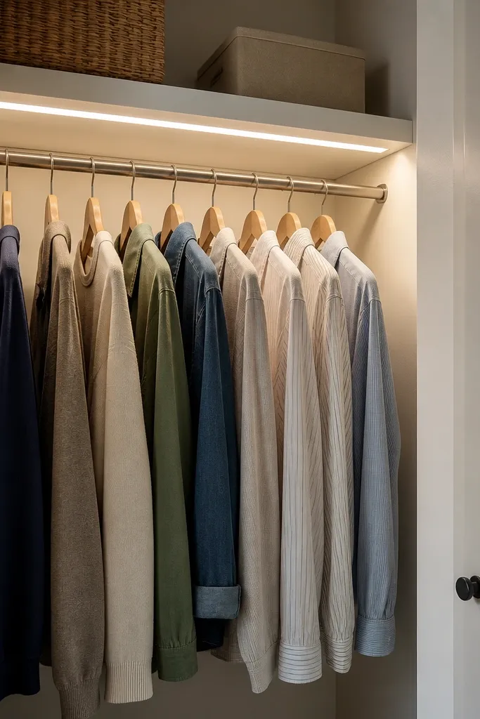 A very small bedroom closet with a single top shelf. A frosted white LED strip is mounted inside a slim aluminum channel along the underside of the top shelf lip, glowing evenly across the hanging rail below. The walls are light beige, and the hanging clothes look bright without harsh dots.