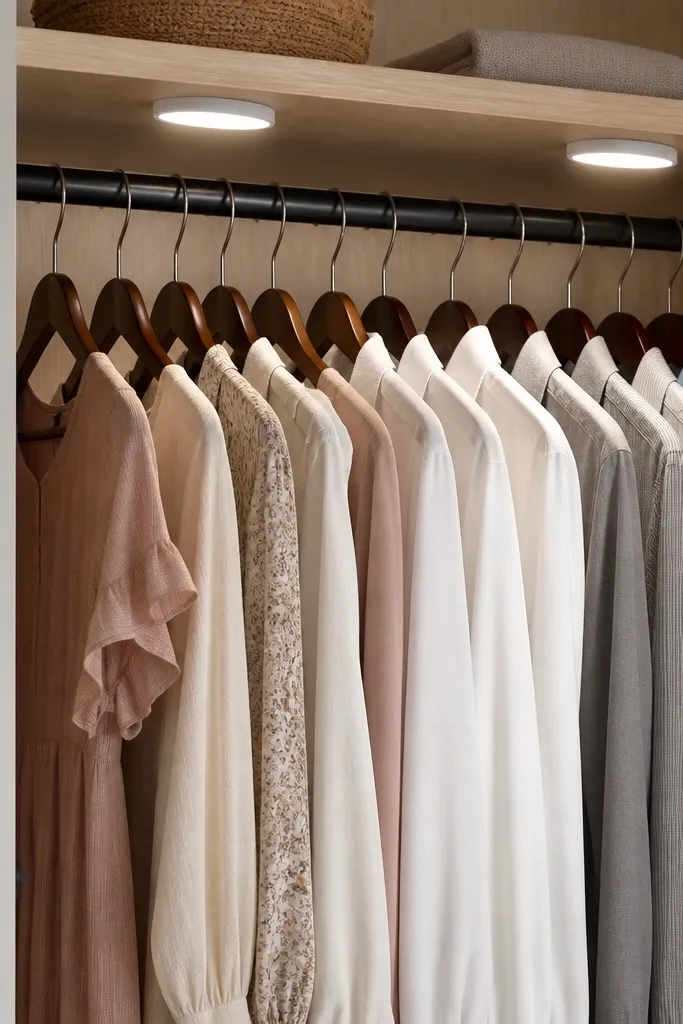Inside a compact closet, two slim puck lights are mounted under the hanging rod area, angled slightly downward. The closet has a light wood shelf and a dark clothing rack, and the puck lights create a bright pool on the hanging shirts and dresses.