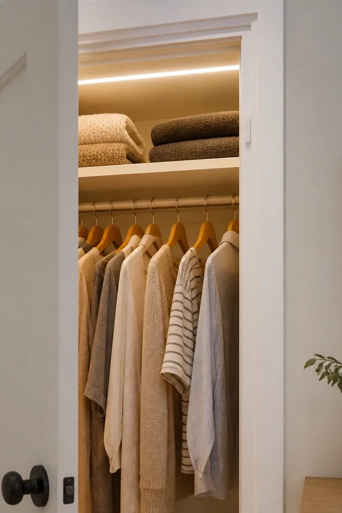 A small closet door has a thin magnetic sensor strip on the frame. When the door is open, a warm LED strip inside the closet top edge turns on automatically. The lighting is soft and the hanging clothes glow evenly.