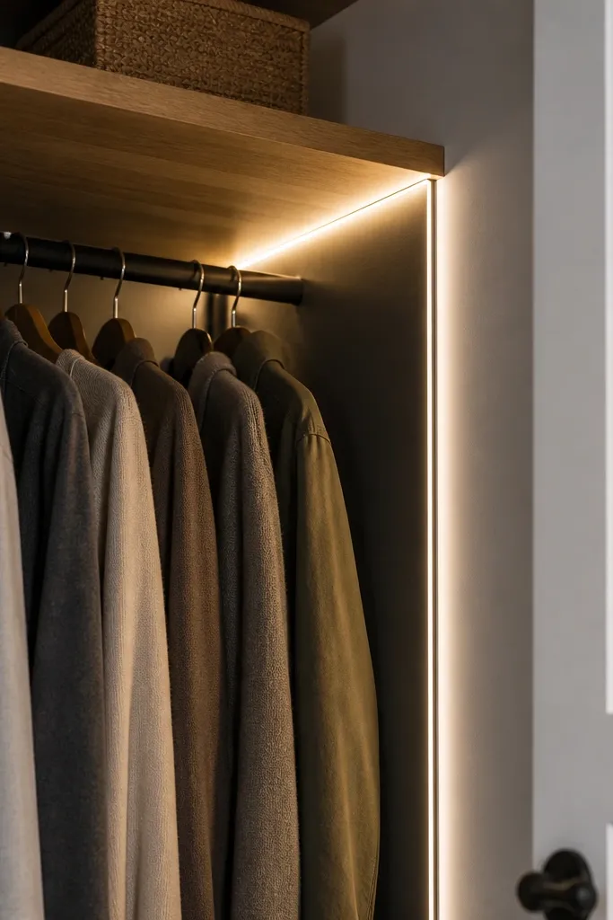 The back corner of a tiny closet has an LED strip mounted along the seam where the side wall meets the back wall. The light wraps around the corner and brightens a dark back panel, showing hanging clothes clearly.