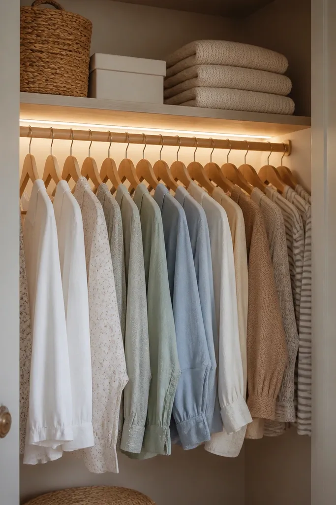 A tiny closet shows an LED strip tucked behind the hanging rod area, mounted along the back edge of the shelf. The light creates a bright lane where shirts and blouses hang, with no visible dots.